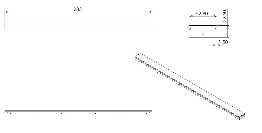 Wiesbaden glasrooster voor douchegoot glanzend zwart 100 cm - technische tekening