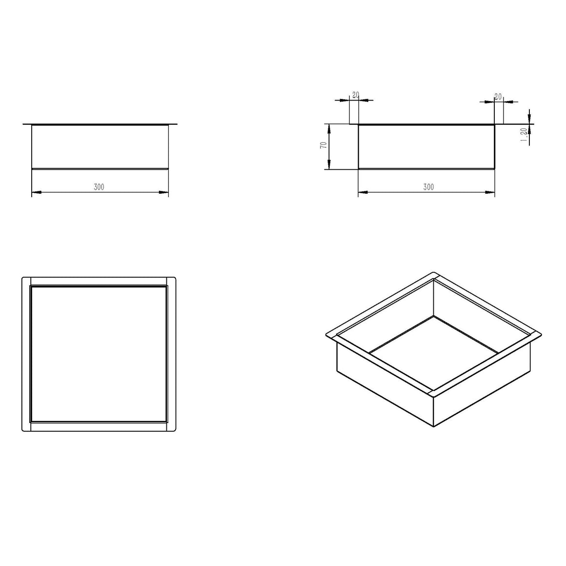 Wiesbaden Demis inbouwnis 30 x 30 x 7 cm / RVS - technische tekening