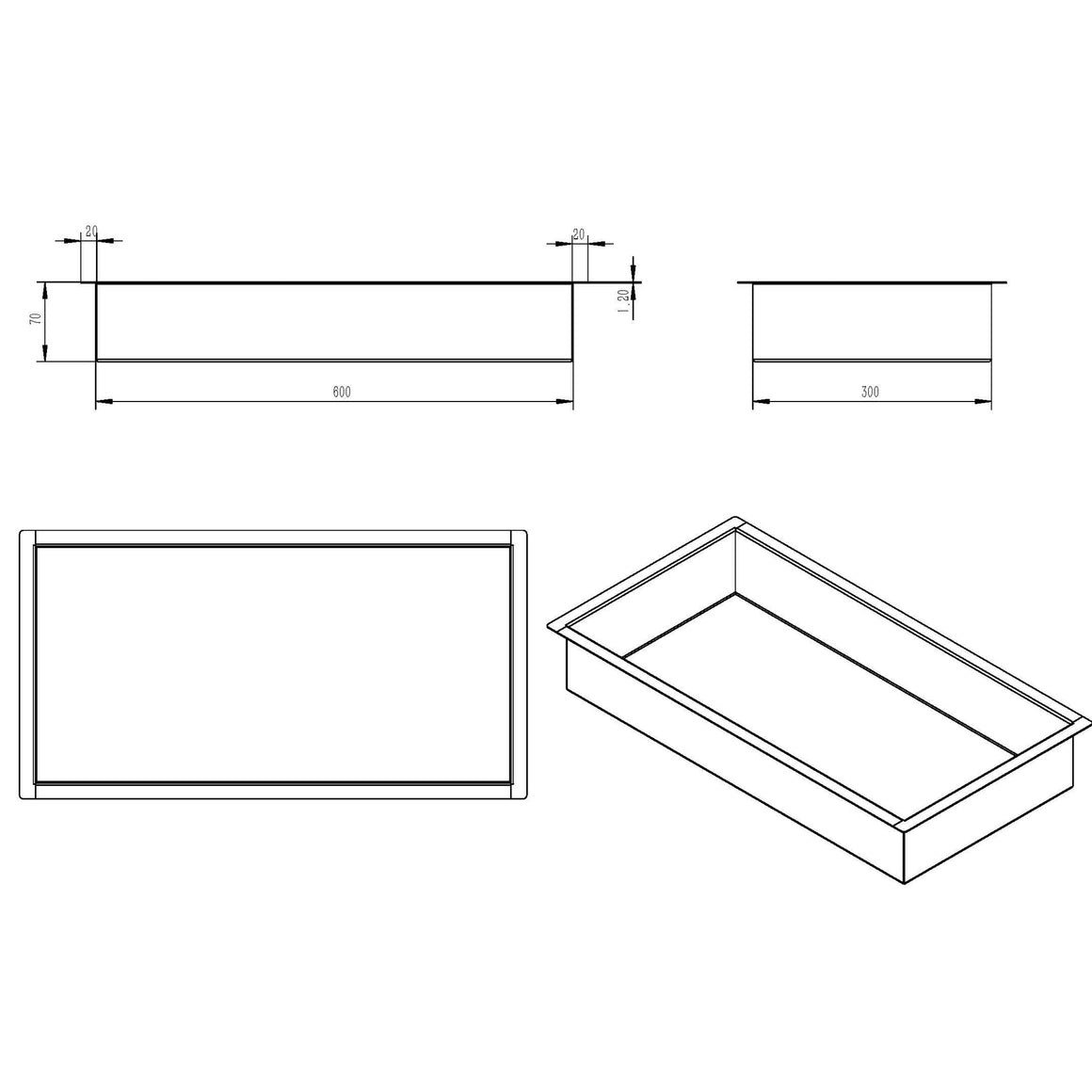 Wiesbaden Demis inbouwnis 30 x 60 x 7 cm / RVS - technische tekening