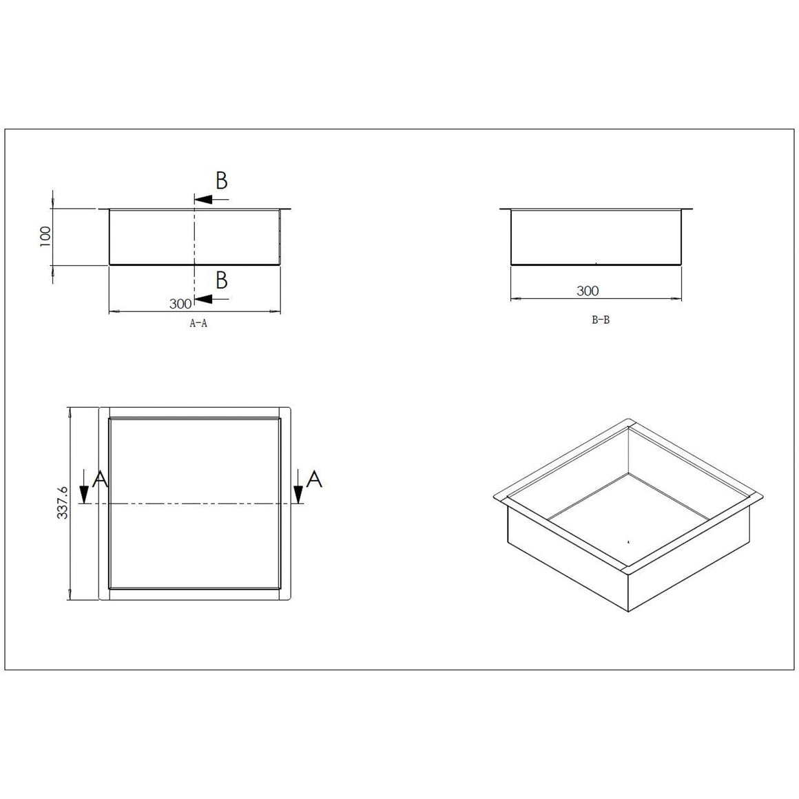 Wiesbaden Demis inbouwnis 30 x 30 x 10 cm / RVS - technische tekening