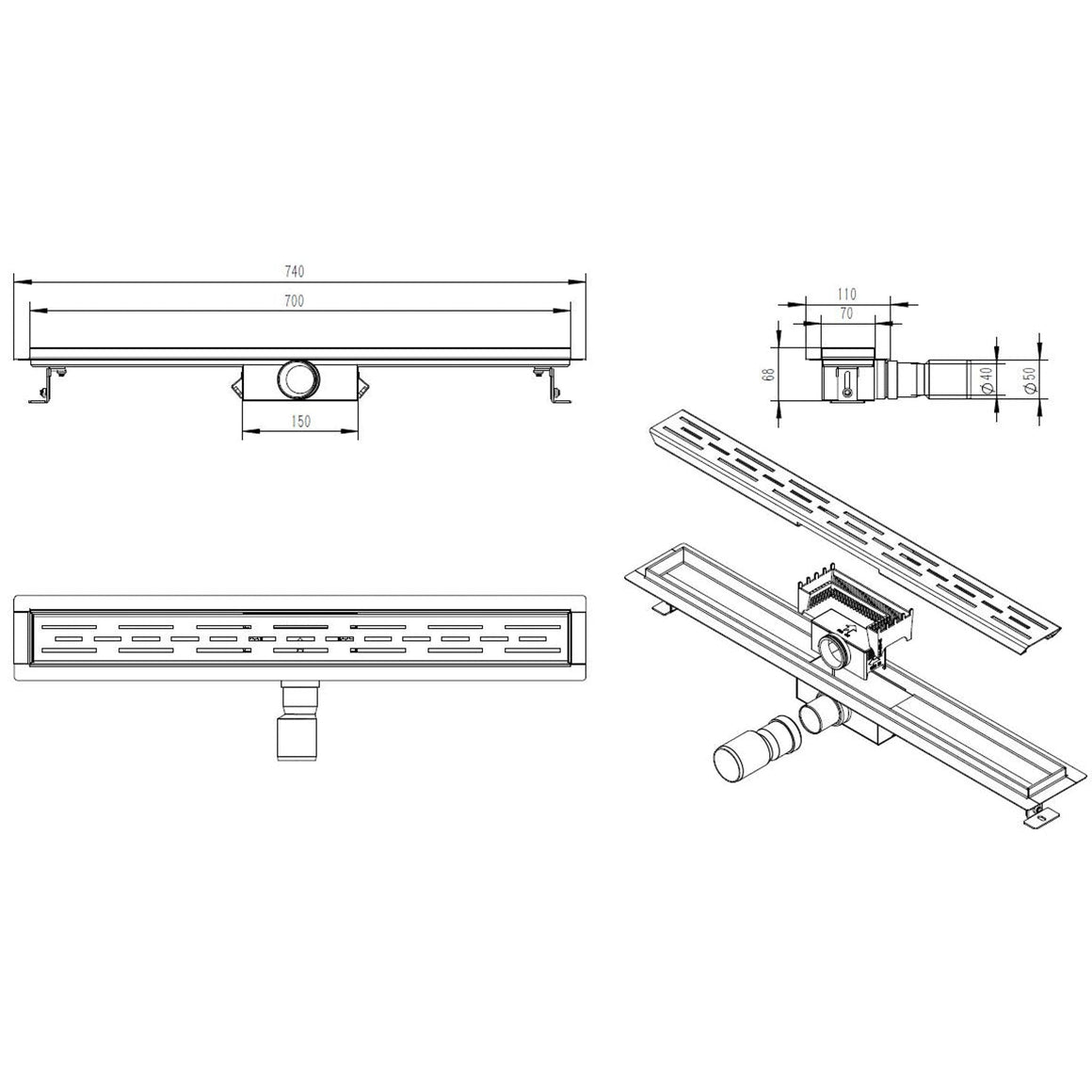 Wiesbaden douchegoot met flens en rooster mat zwart 70 cm - technische tekening