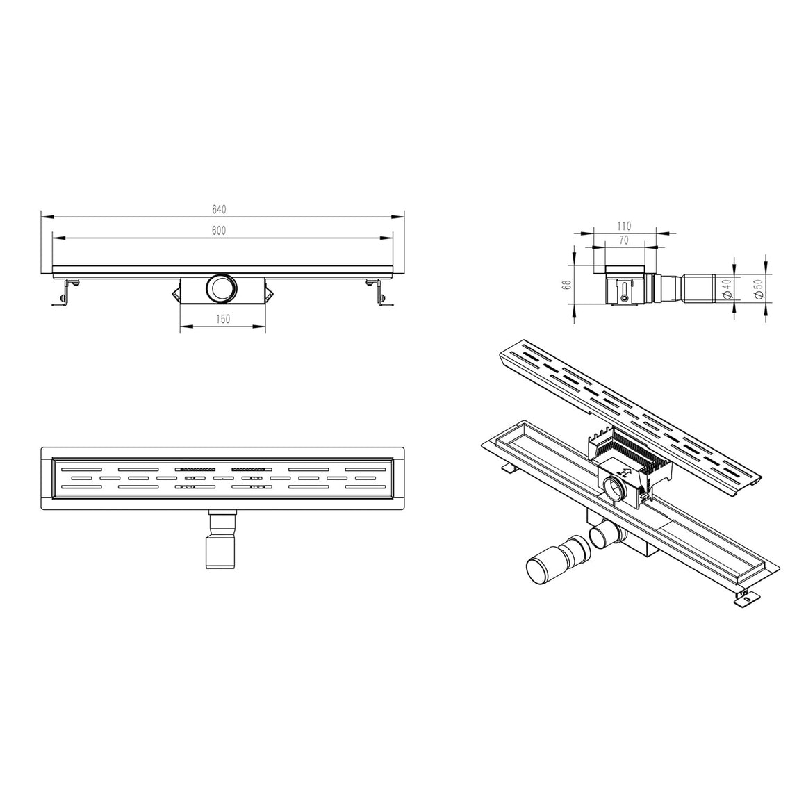 Wiesbaden douchegoot met flens en rooster mat zwart 60 cm - technische tekening