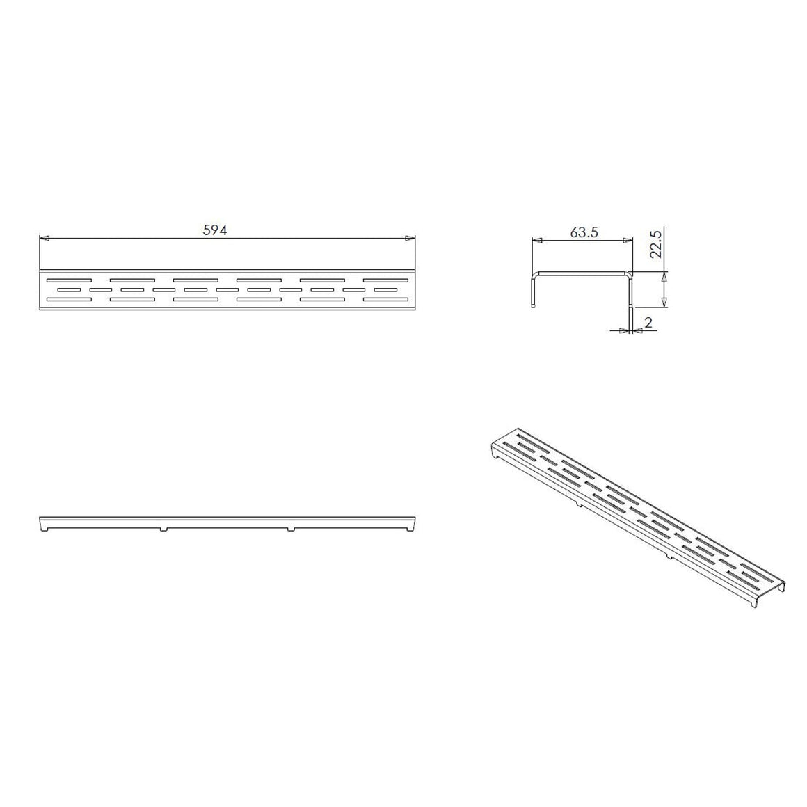 Wiesbaden rooster voor douchegoot RVS 60 cm - technische tekening