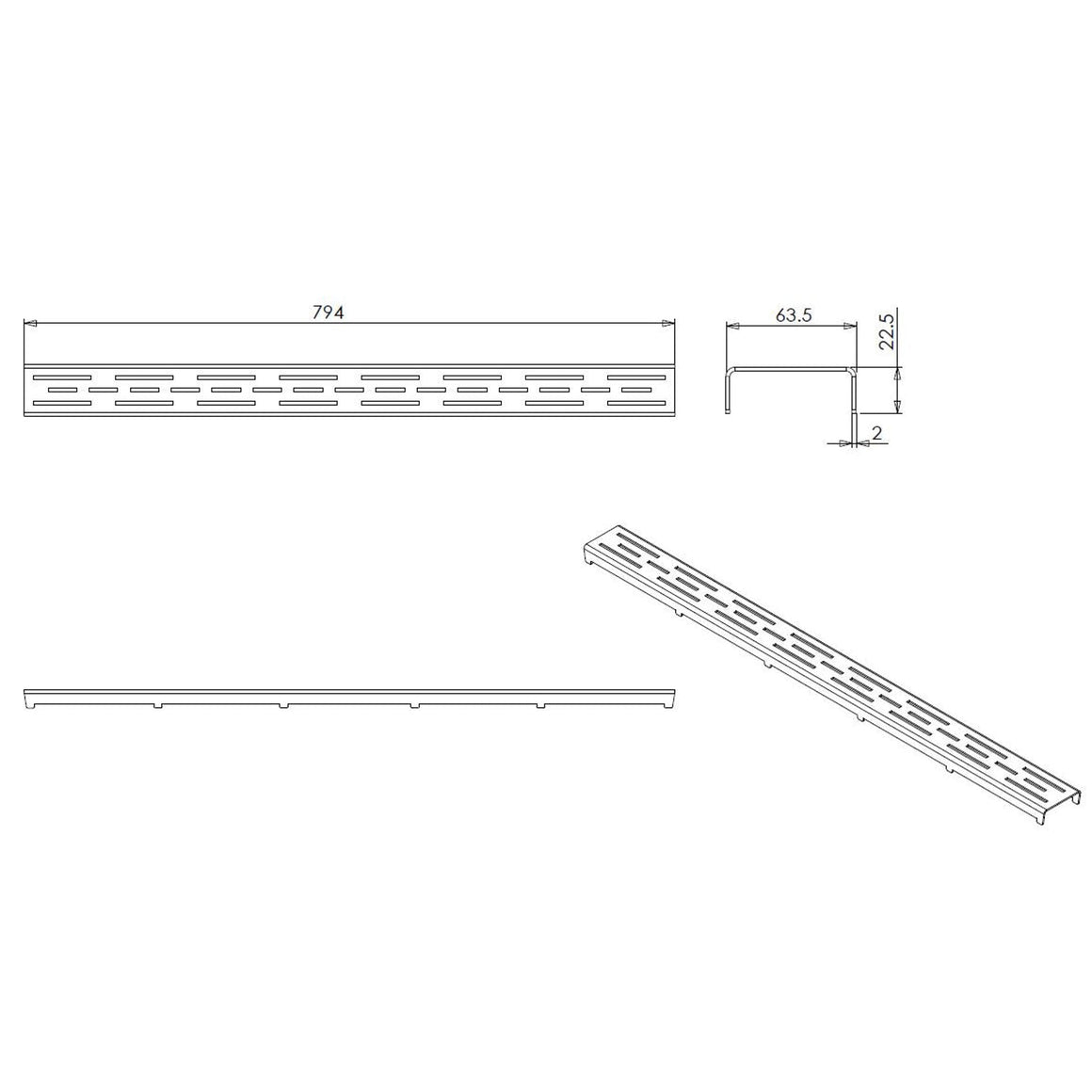 Wiesbaden rooster voor douchegoot RVS 80 cm - technische tekening