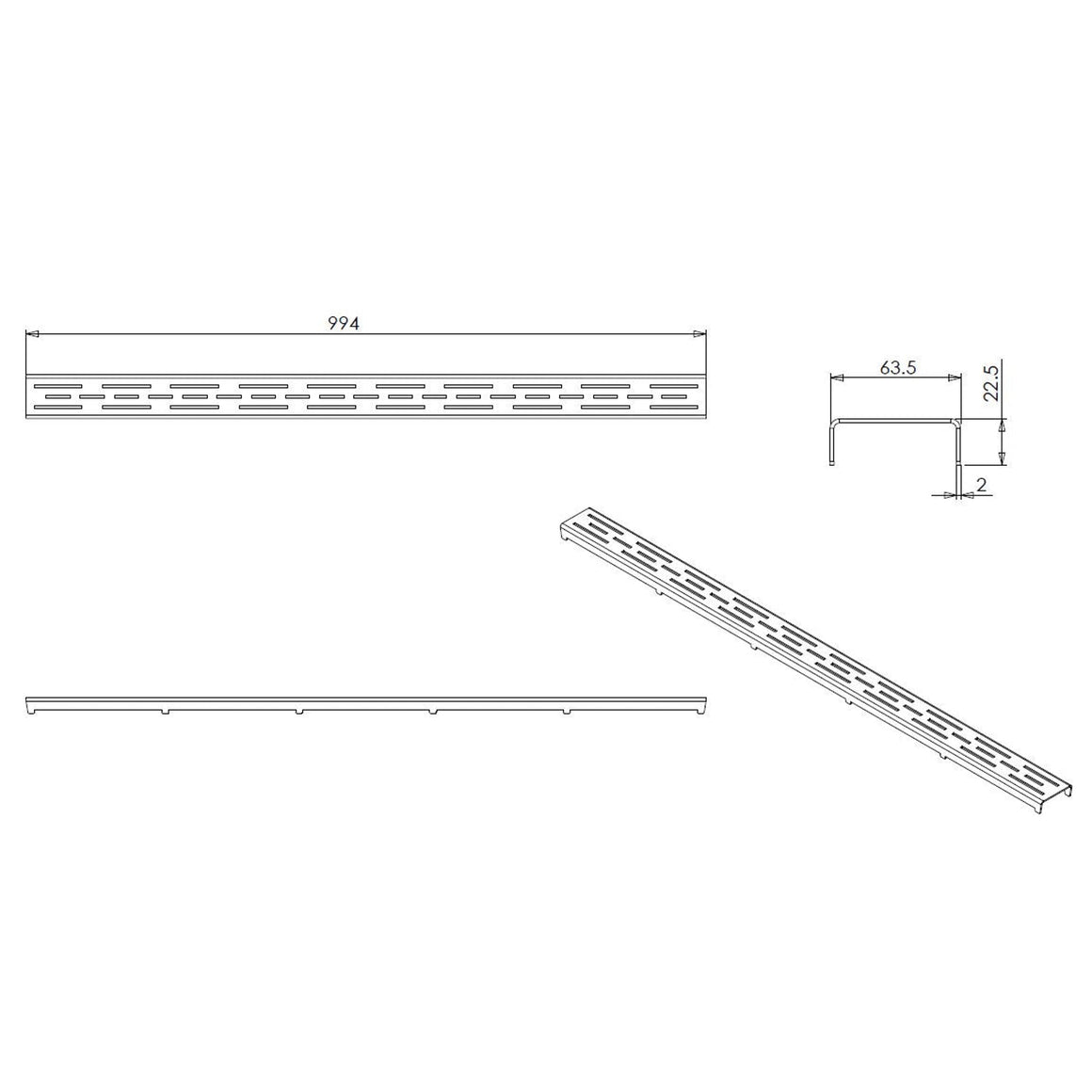 Wiesbaden rooster voor douchegoot RVS 100 cm - technische tekening