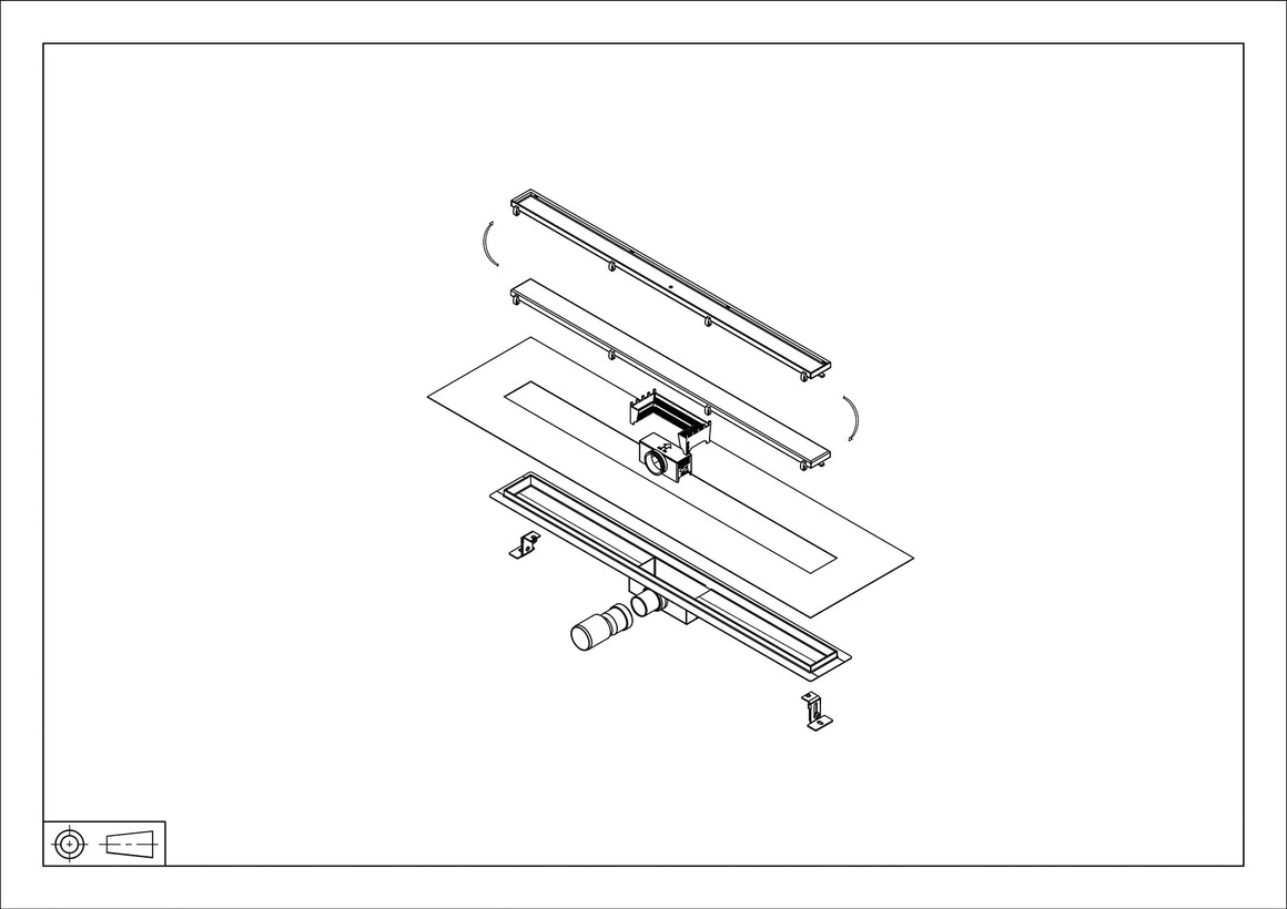 Wiesbaden douchegoot met flens en tegelrooster PVD 80 cm / Geborsteld messing - technische tekening