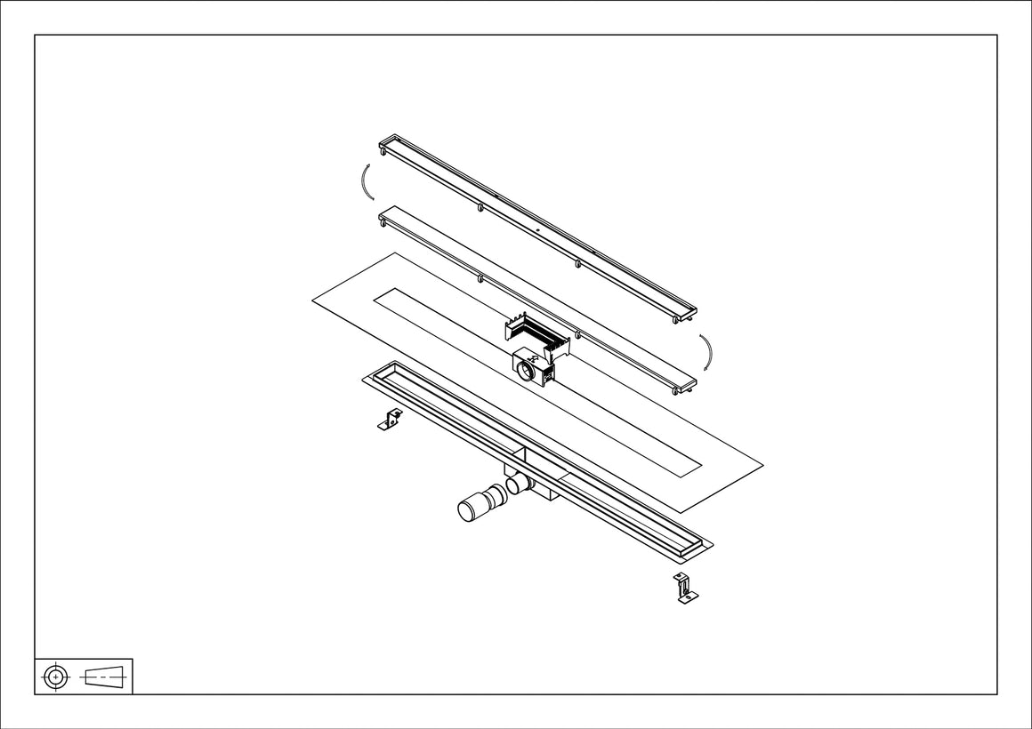 Wiesbaden douchegoot met flens en tegelrooster PVD 100 cm / Geborsteld messing - technische tekening