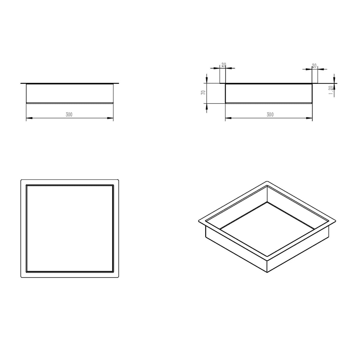 Wiesbaden Demis inbouwnis PVD 30 x 30 x 7 cm / Gunmetal - technische tekening
