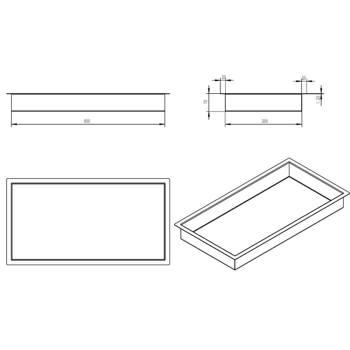 Wiesbaden Demis inbouwnis PVD 30 x 60 x 7 cm / Gunmetal - technische tekening
