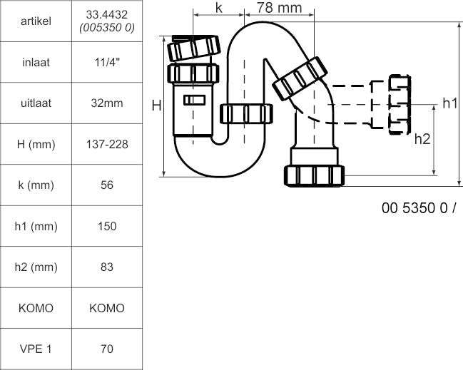 McAlpine 5350 universele sifon 5/4 x 32 mm - technische tekening