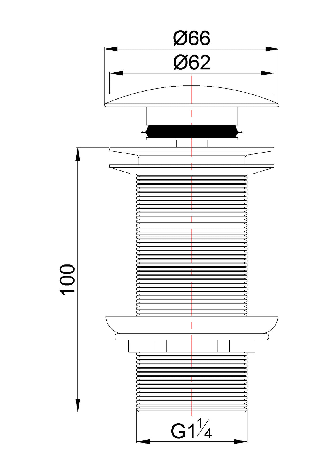 Wiesbaden UniMatch clickwaste afvoerplug verlengd gunmetal - technische tekening
