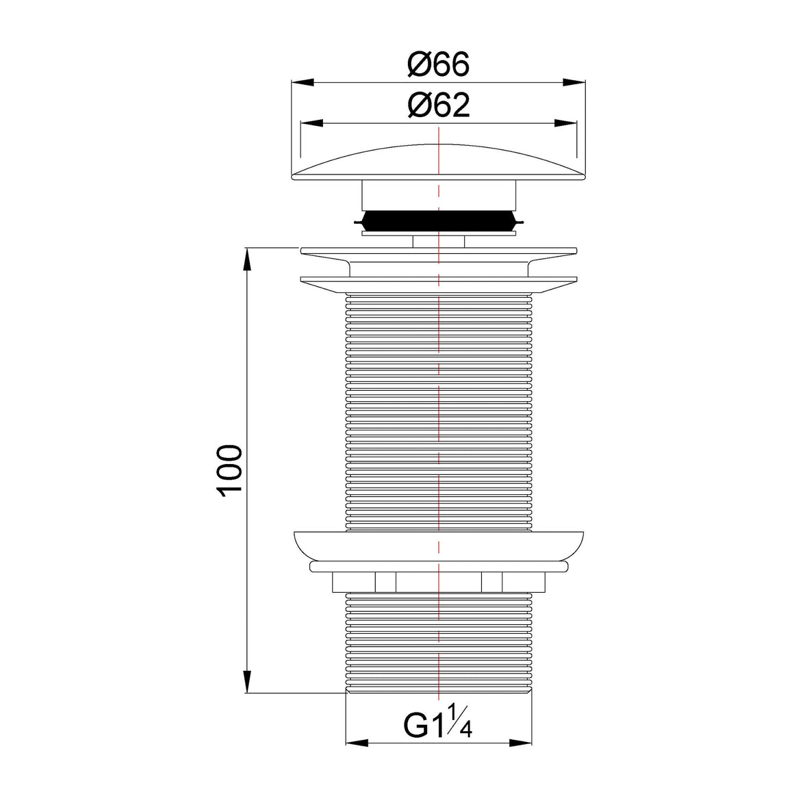Wiesbaden UniMatch clickwaste afvoerplug verlengd 5/4" geborsteld messing PVD - technische tekening