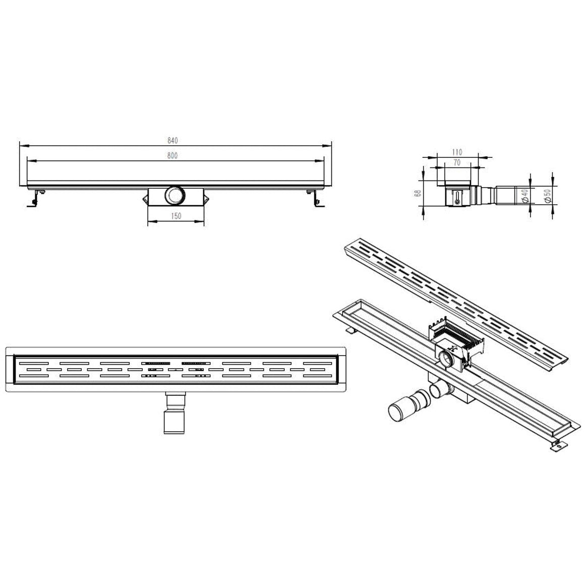 Wiesbaden douchegoot met flens en rooster PVD 80 cm / Geborsteld messing - technische tekening