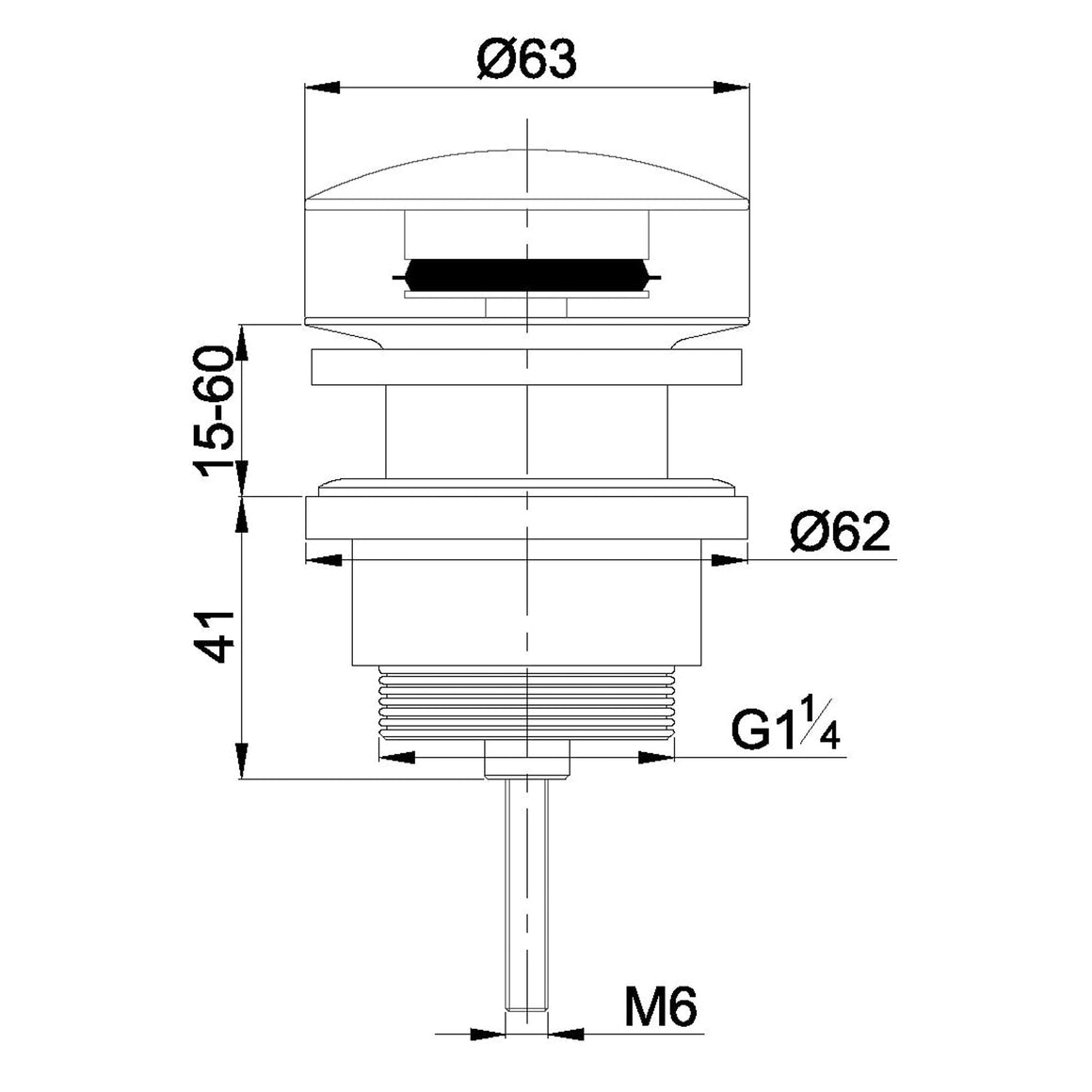 Wiesbaden UniMatch clickwaste afvoerplug gunmetal - technische tekening