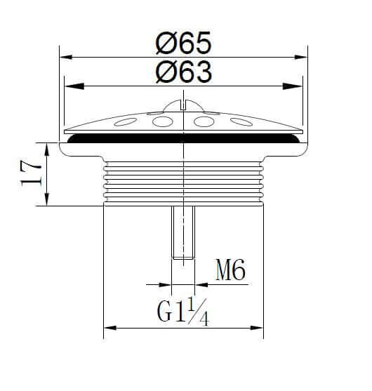 Afvoerplug technische tekening van 5/4" geborsteld staal met diameter en afmetingen