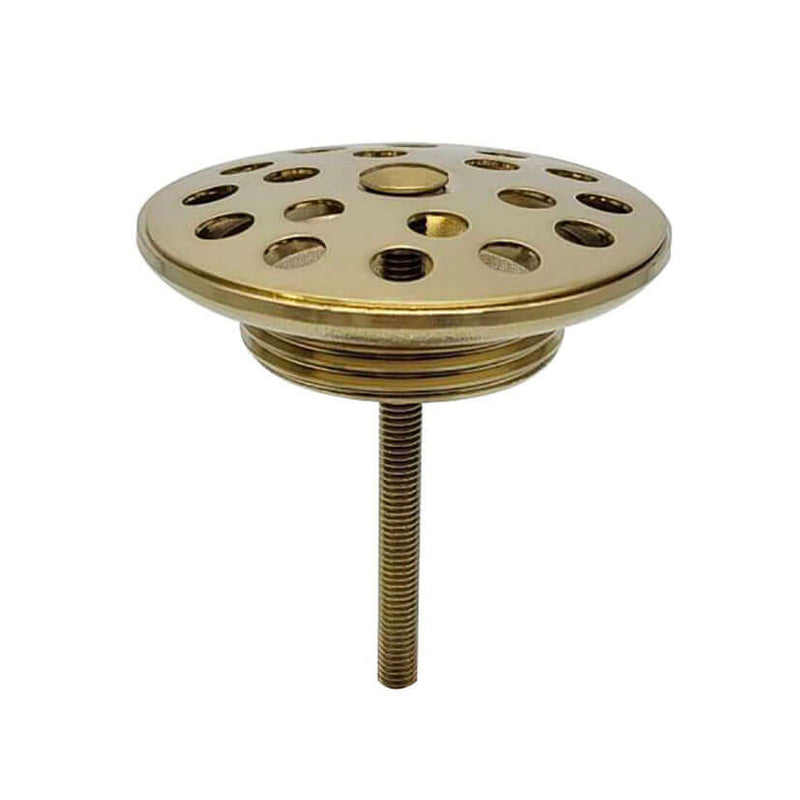 Korv open afvoerplug rooster 5/4" geborsteld messing PVD, luxe messing afvoerplug met gaten, elegant design.