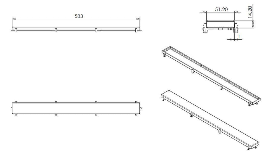 Technische tekening van RVS Tegelrooster voor Wiesbaden Douchegoot 60X7 cm, inclusief afmetingen en details.