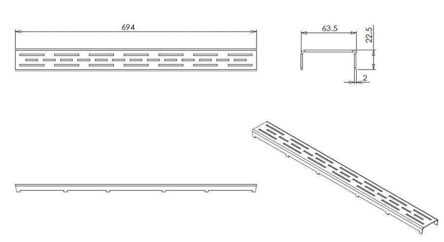 Grille pour caniveau de douche 70 x 7 cm inox