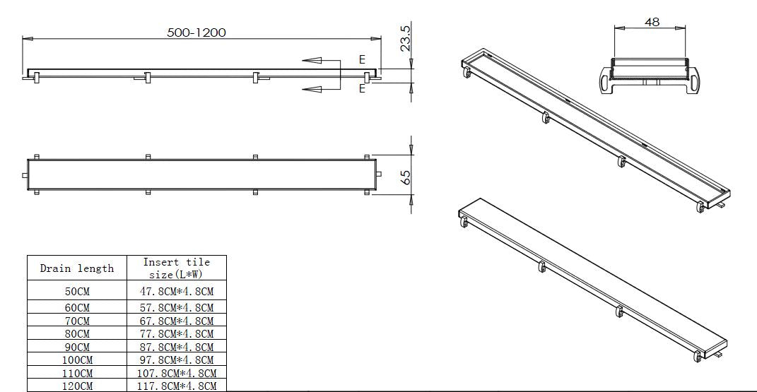 Wiesbaden douchegoot 50 cm RVS - technische tekening
