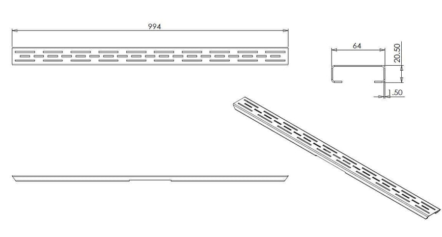 Grille standard séparée Wiesbaden pour évacuation de douche 3e génération 100 cm en noir mat