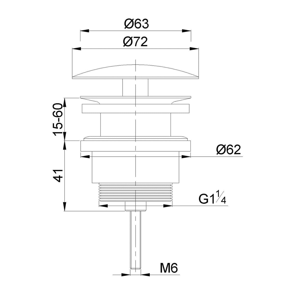 Wiesbaden UniMatch open afvoerplug 5/4'' geborsteld staal - technische tekening