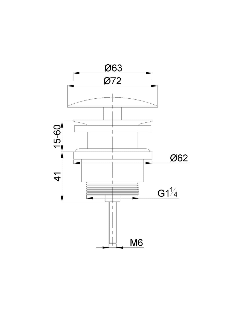 UniMatch open afvoerplug 5/4 geborsteld staal technische lijntekening met afmetingen