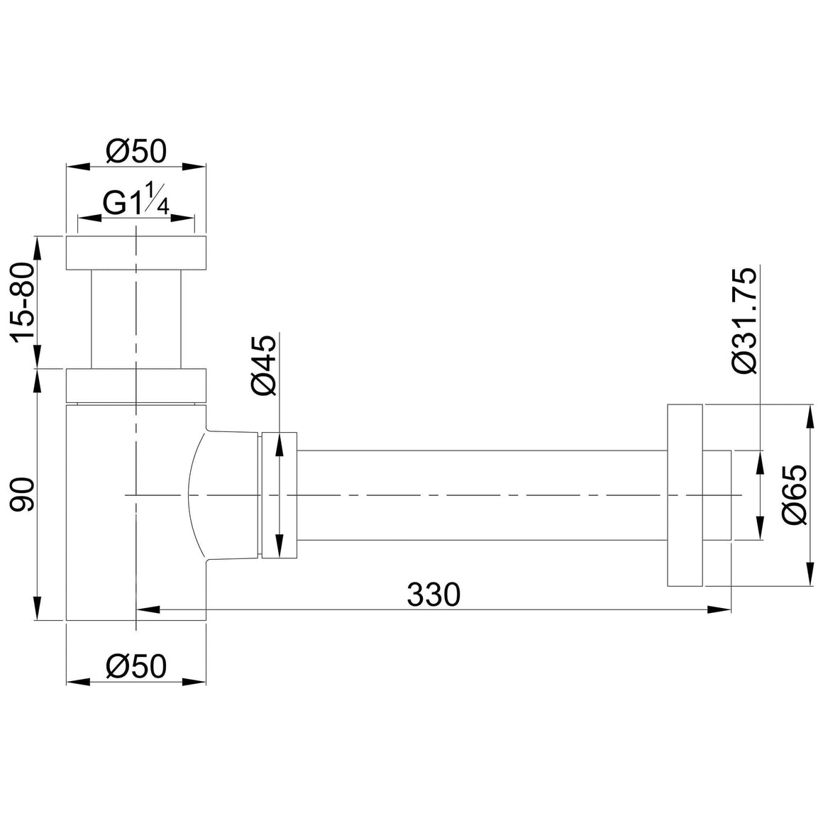 UniMatch fonteinsifon diagram with dimensions 5/4" x 32 mm in brushed steel