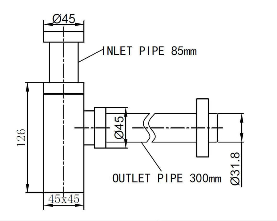 Rombo Siphon Quadrat 5/4" x 32 mm gebürsteter Stahl