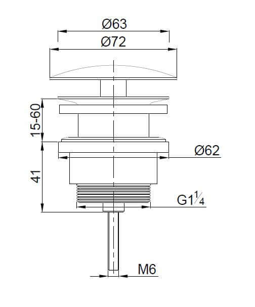 Afvoerplug design drawing with dimensions, showcasing the UniMatch open afvoerplug 5/4'' in brushed bronze copper finish.