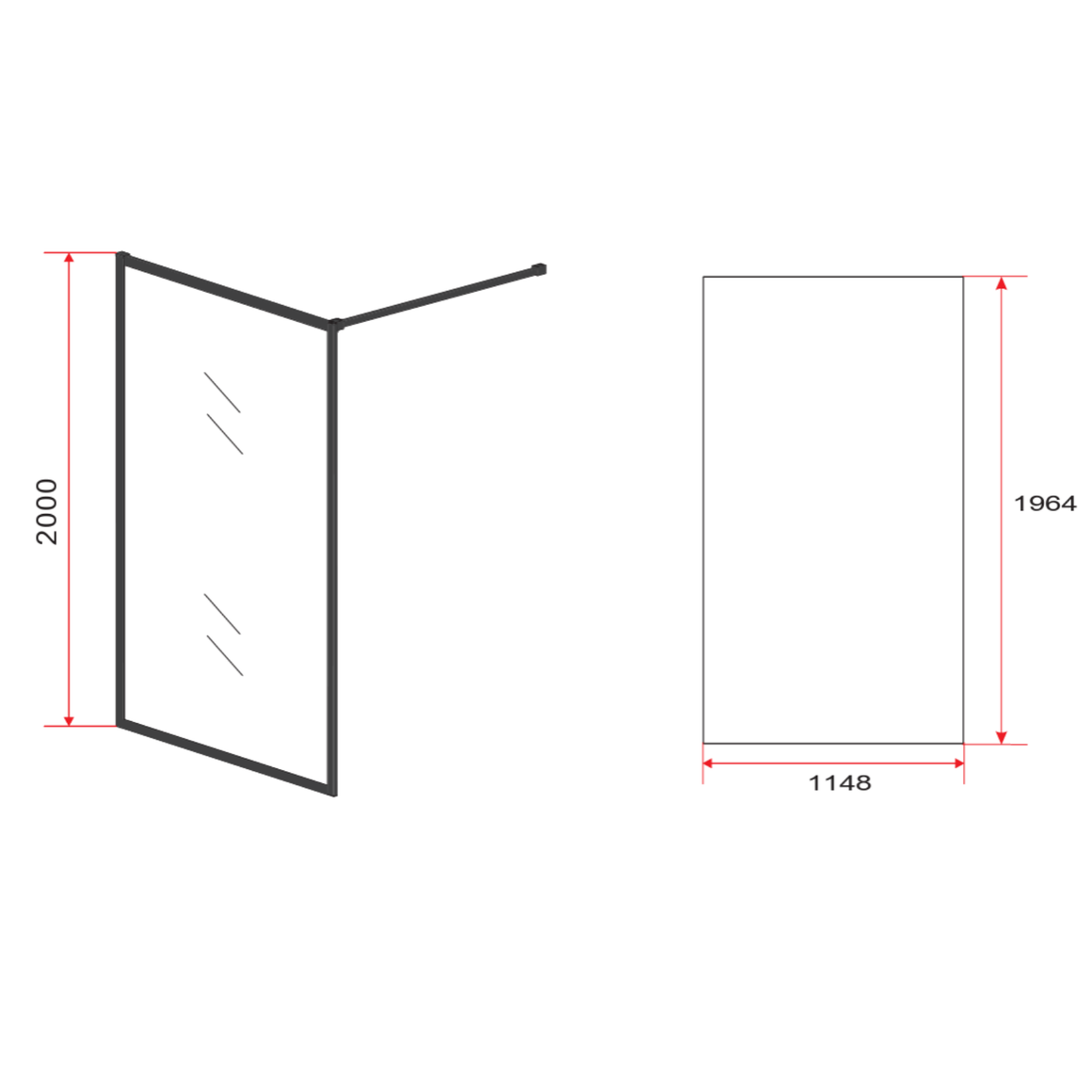 Aloni inloopdouchewand mat zwart profiel 100 cm technische tekening