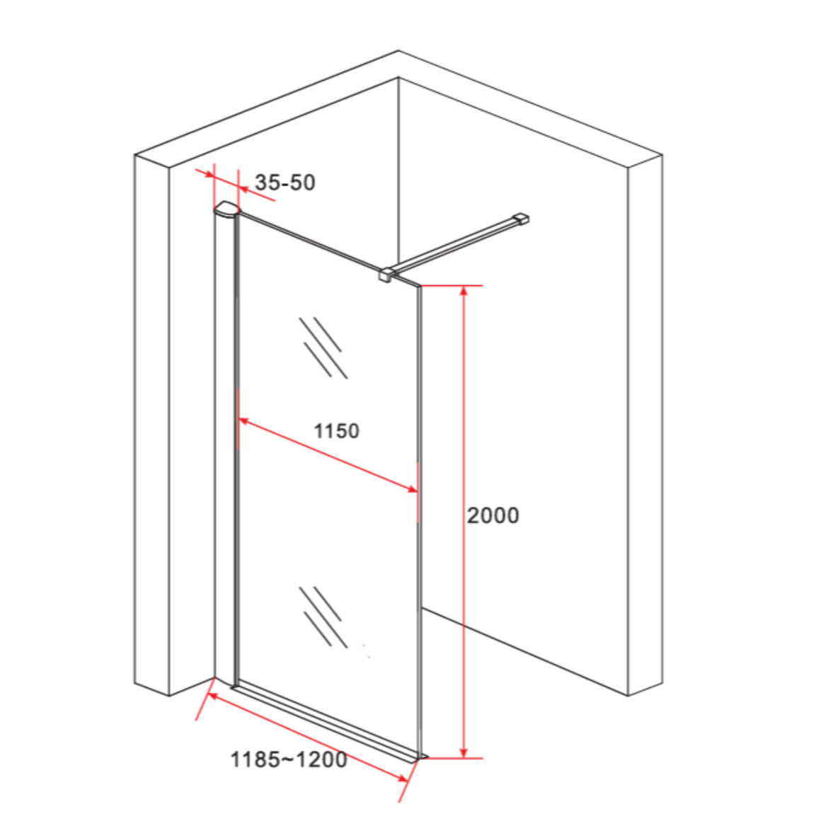 Aloni inloopdouchewand 120 cm technische tekening
