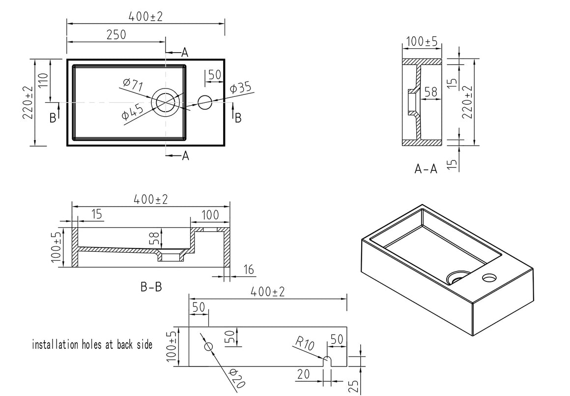 Wiesbaden Lotte fontein solid surface mat wit / Rechts - technische tekening