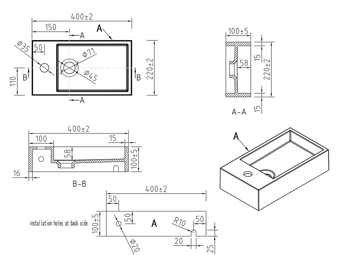 Wiesbaden Lotte fontein solid surface mat wit / Links - technische tekening
