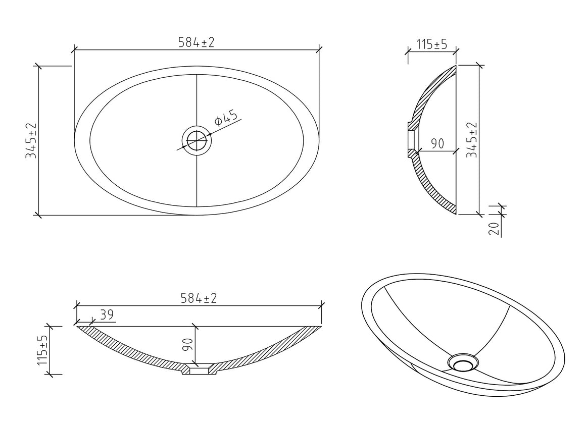 Wiesbaden Kim waskom ovaal solid surface mat wit - technische tekening