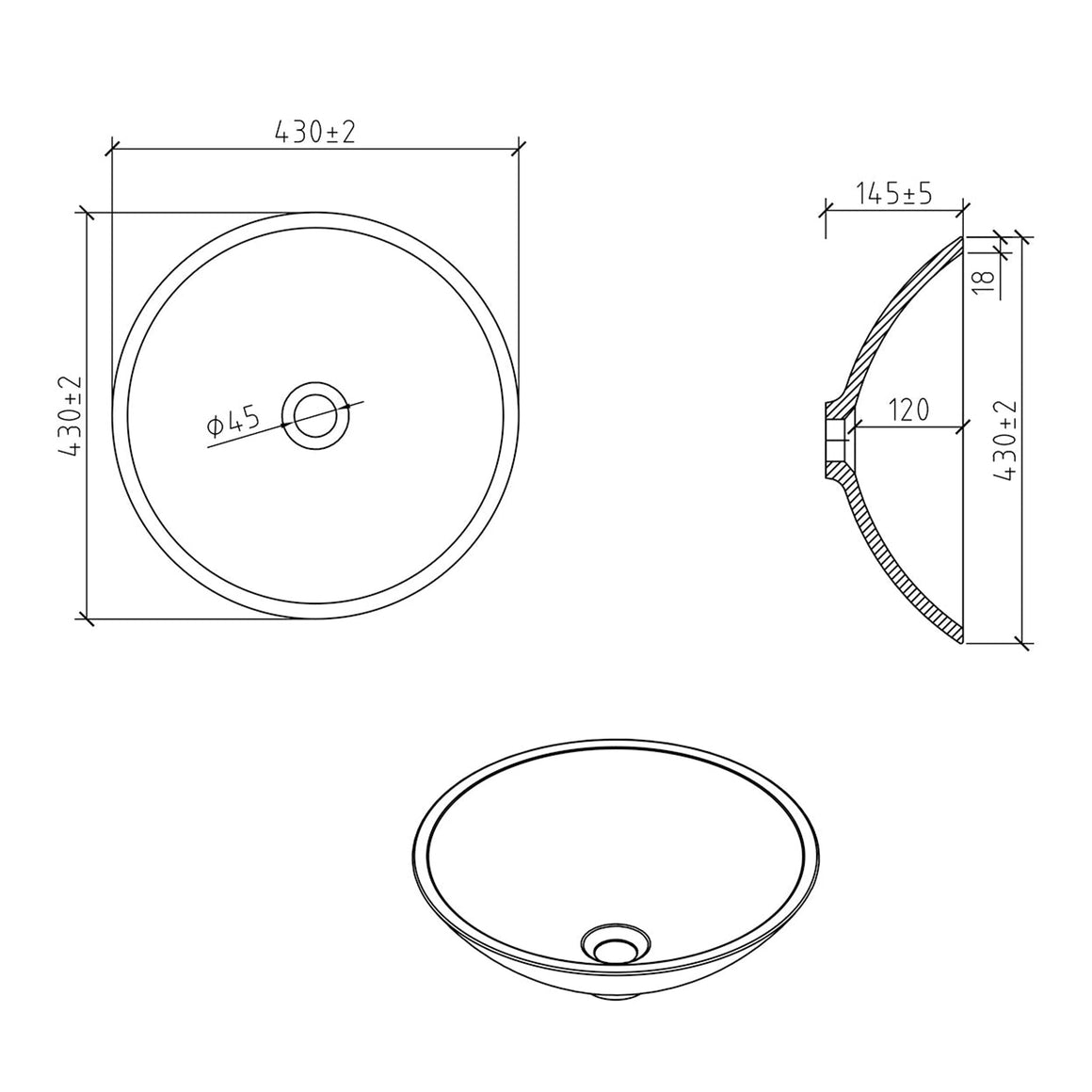 Wiesbaden Valerie waskom rond solid surface Mat wit - technische tekening