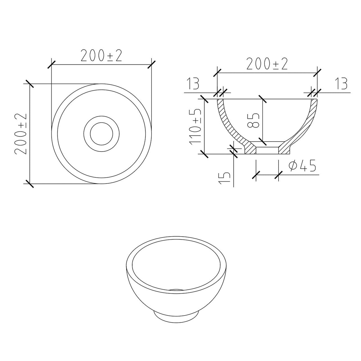 Wiesbaden Tessa waskom rond solid surface mat wit - technische tekening