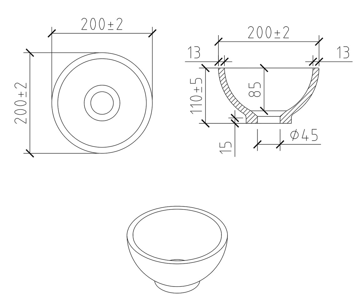 Wiesbaden Tessa waskom rond solid surface mat wit - technische tekening