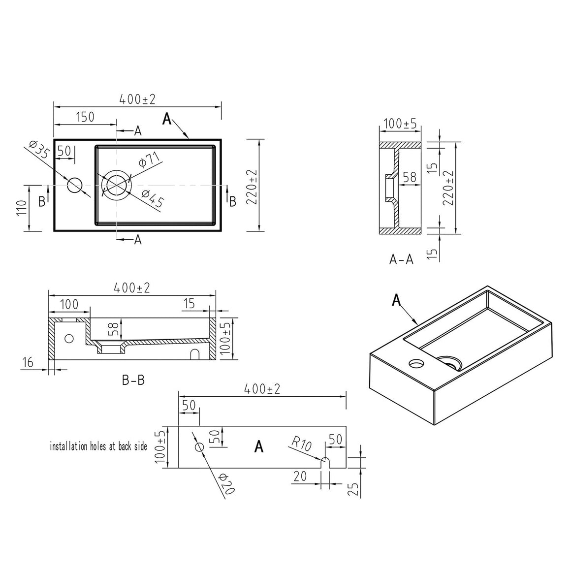 Wiesbaden Lotte fontein solid surface mat zwart / Links - technische tekening