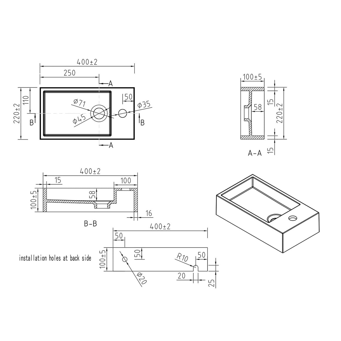 Wiesbaden Lotte fontein solid surface beige Rechts - technische tekening