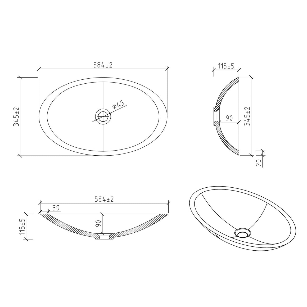 Wiesbaden Kim waskom ovaal solid surface mat zwart - technische tekening