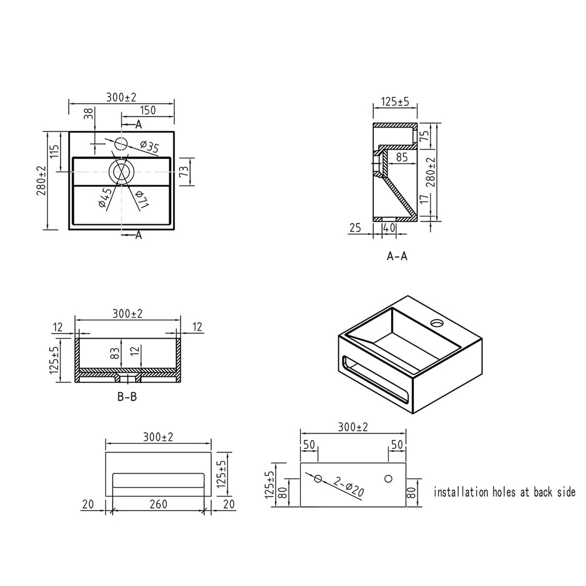 Wiesbaden Wiesbaden Julia fontein solid surface 30x28x12,5 mat zwart - technische tekening