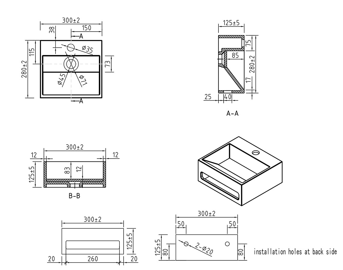 Wiesbaden Wiesbaden Julia fontein solid surface 30x28x12,5 mat zwart - technische tekening
