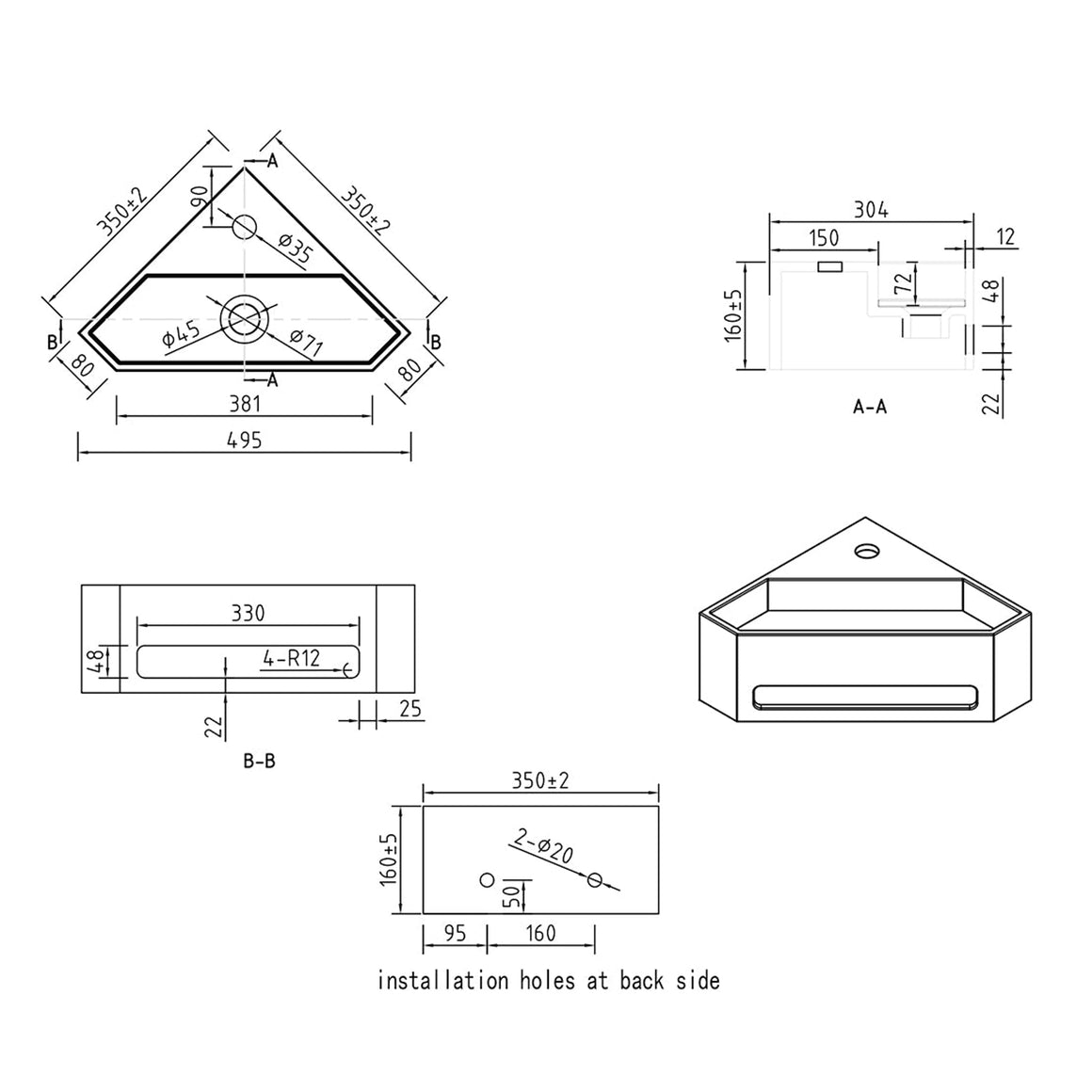 Wiesbaden Julia hoekfontein Mat zwart - technische tekening