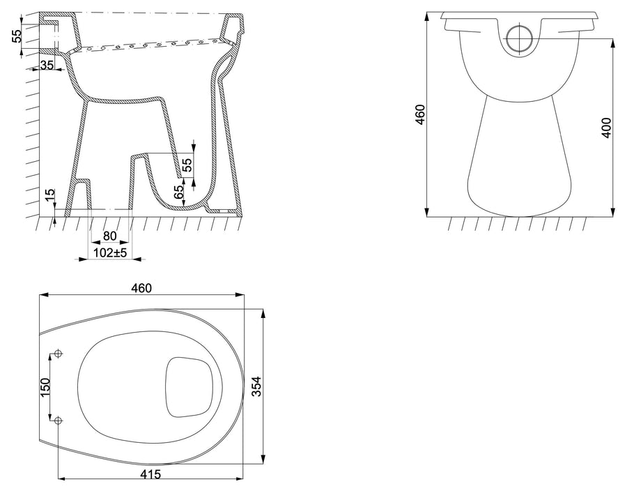 Toiletpot verhoogd staand AO 46 x 46 cm glans wit