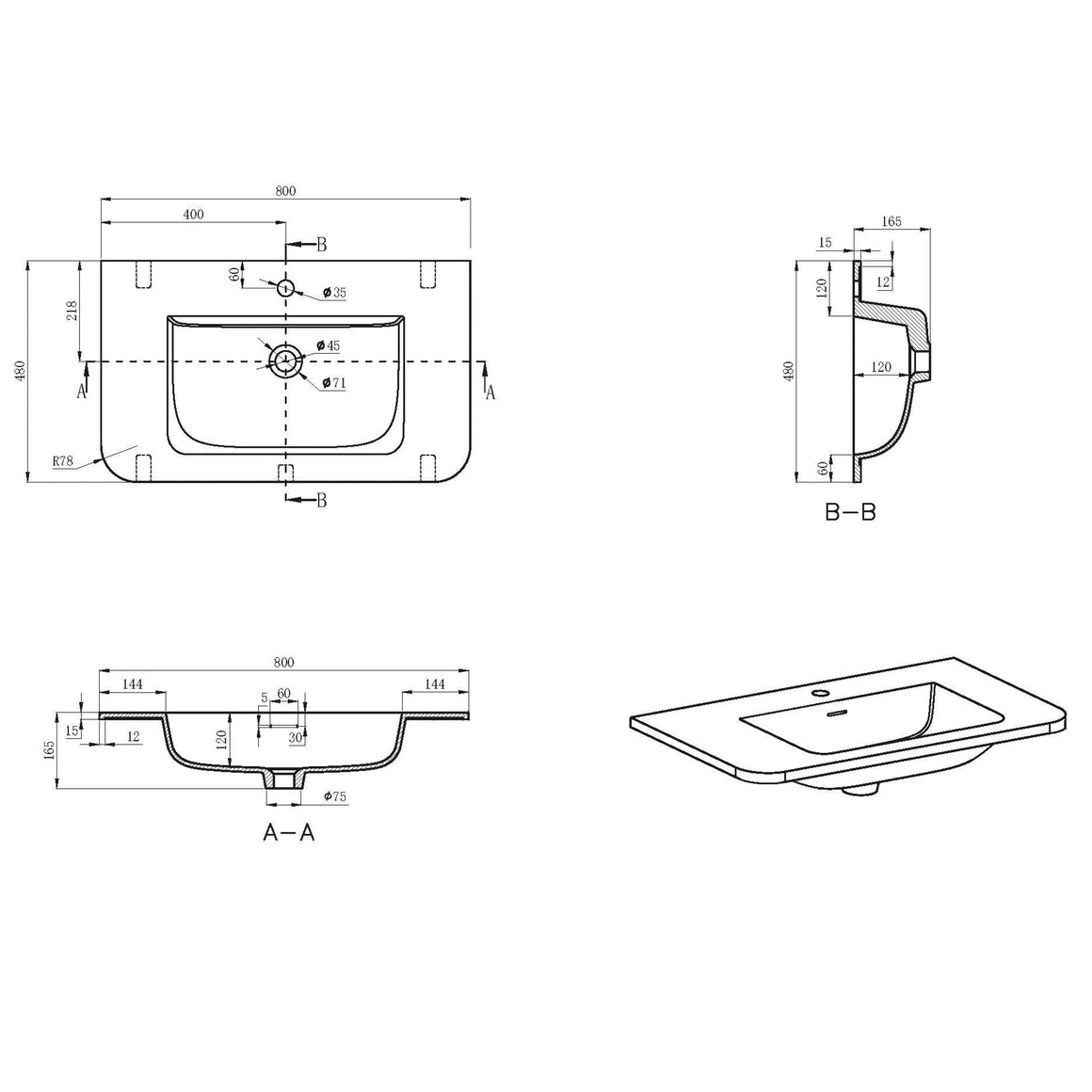 Wiesbaden Wastafel Laro 80 cm Mat wit - technische tekening #variant_57229554581828
