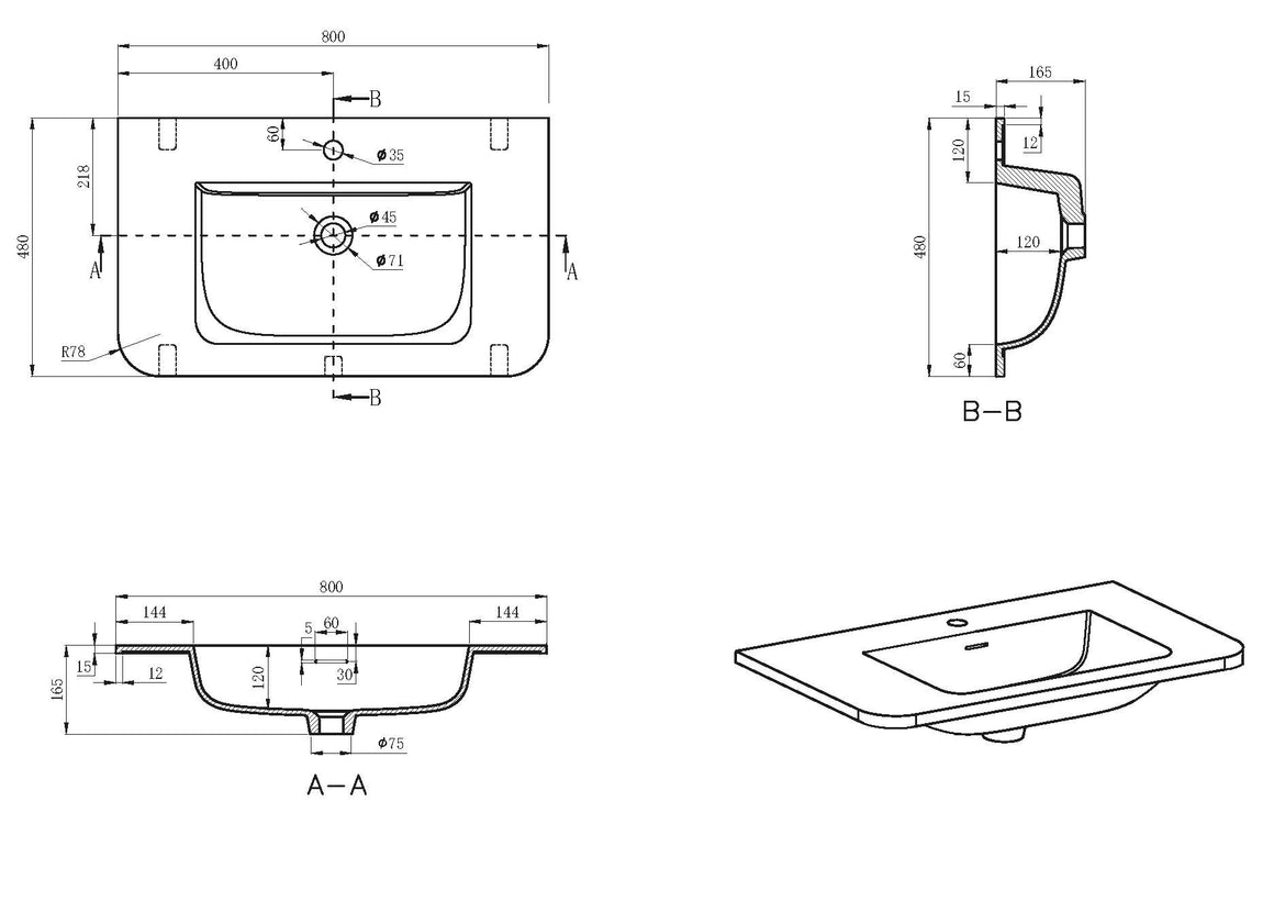Wiesbaden Wastafel Laro 80 cm Mat wit - technische tekening #variant_57229554581828