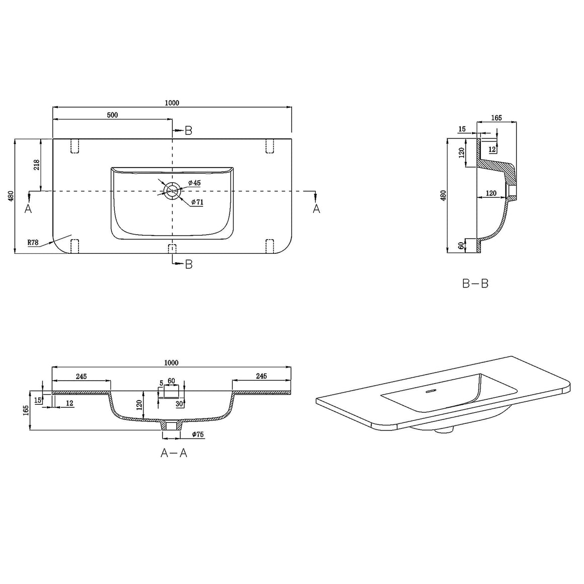Wiesbaden Laro wastafel 100 cm zonder kraangat mat wit - technische tekening #variant_57365712798020