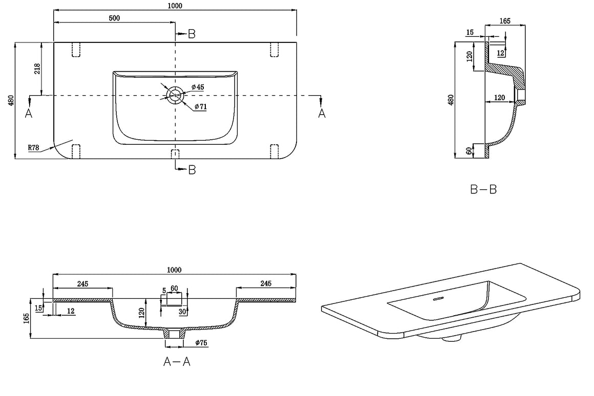 Wiesbaden Laro wastafel 100 cm zonder kraangat mat wit - technische tekening #variant_57365712798020