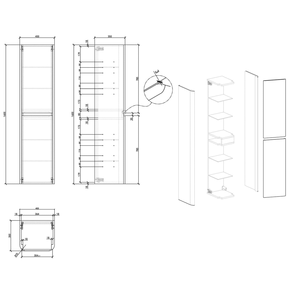 Wiesbaden Novira kolomkast Mat wit - technische tekening