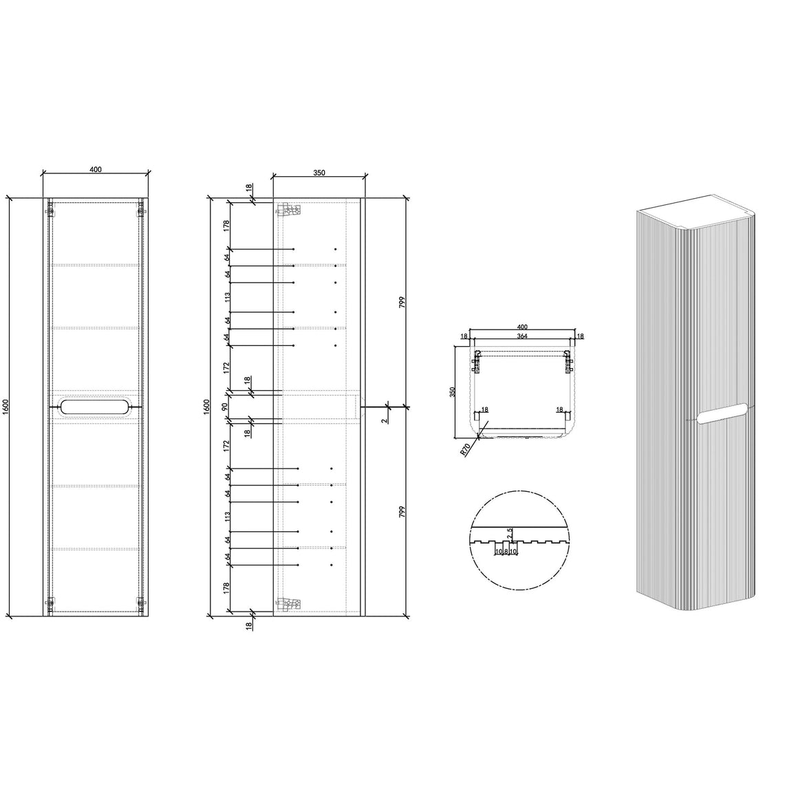 Wiesbaden Sulora kolomkast afgeronde hoeken geribbeld 160 x 40 x 35 cm mat beige - technische tekening